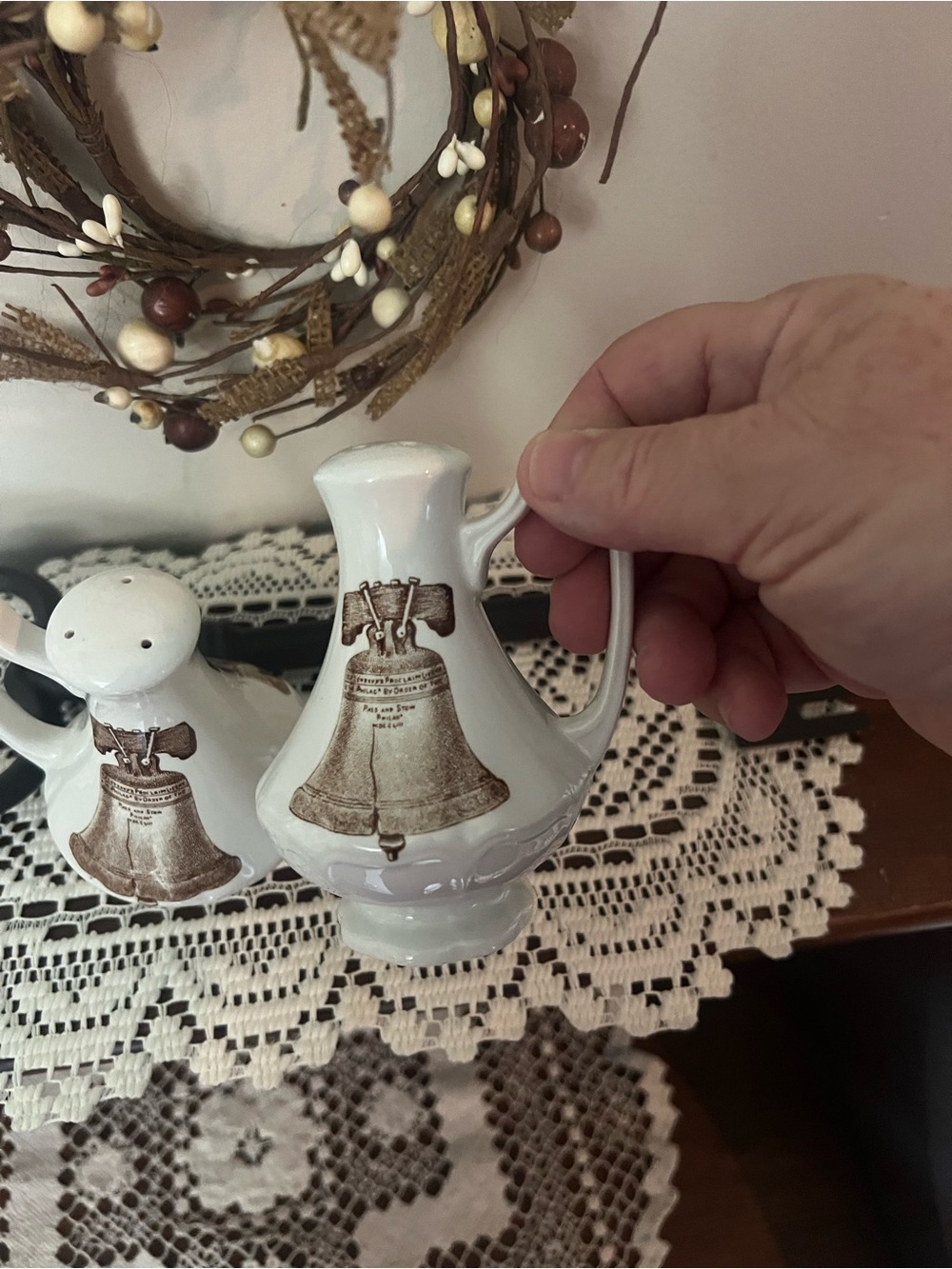Ironstone Americana Liberty Bell brown off white salt & pepper shakers
